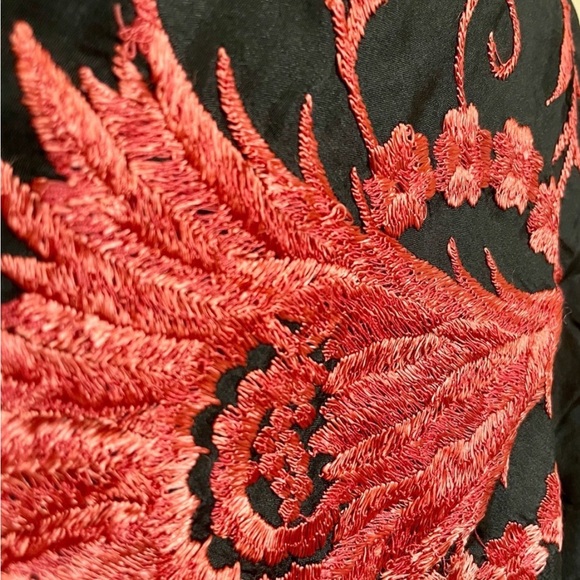 Vintage Silk Piano Shawl - Black Long Fringe Shawl with Red Floral Embroidery - Picture 2 of 10